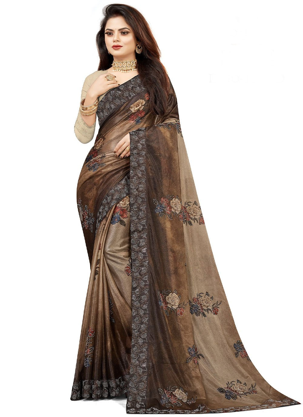 Classic Lycra Brown Grey Digital Print Saree