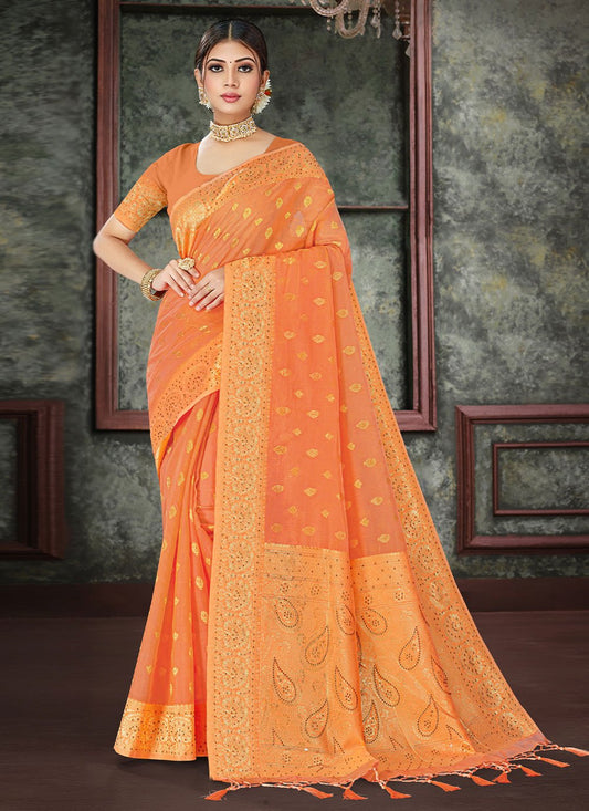 Trendy Saree Cotton Orange Swarovski Saree