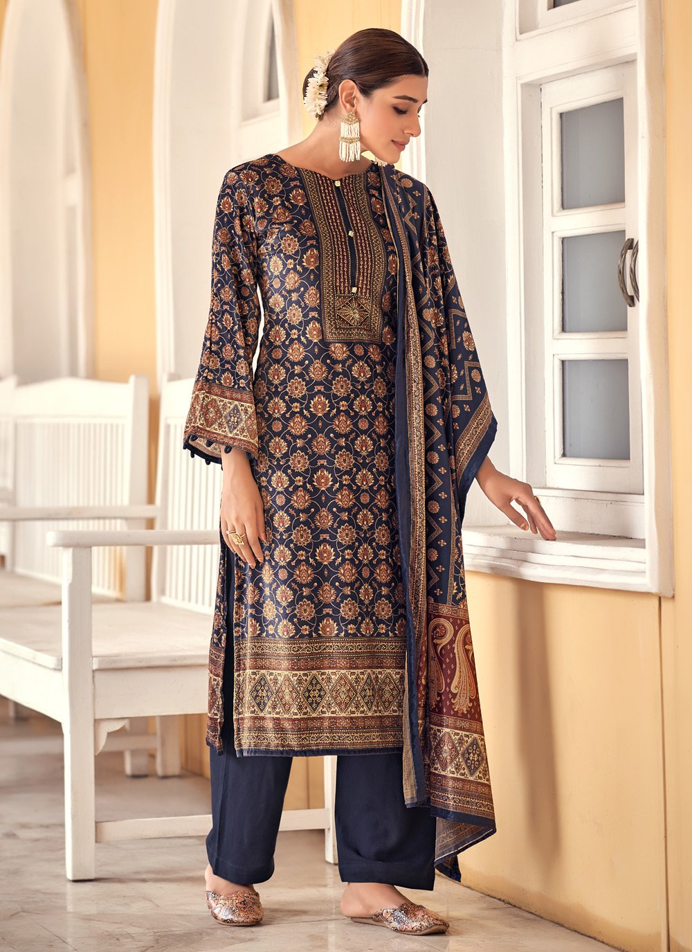 Palazzo Salwar Suit Velvet Blue Digital Print Salwar Kameez