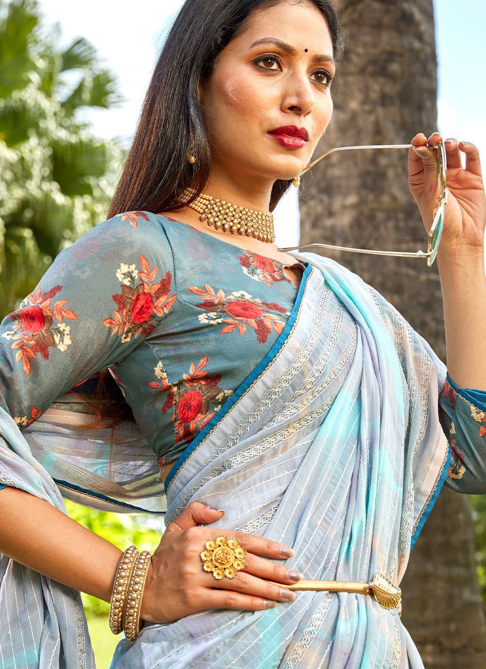 Classic Chiffon Blue Swarovski Saree