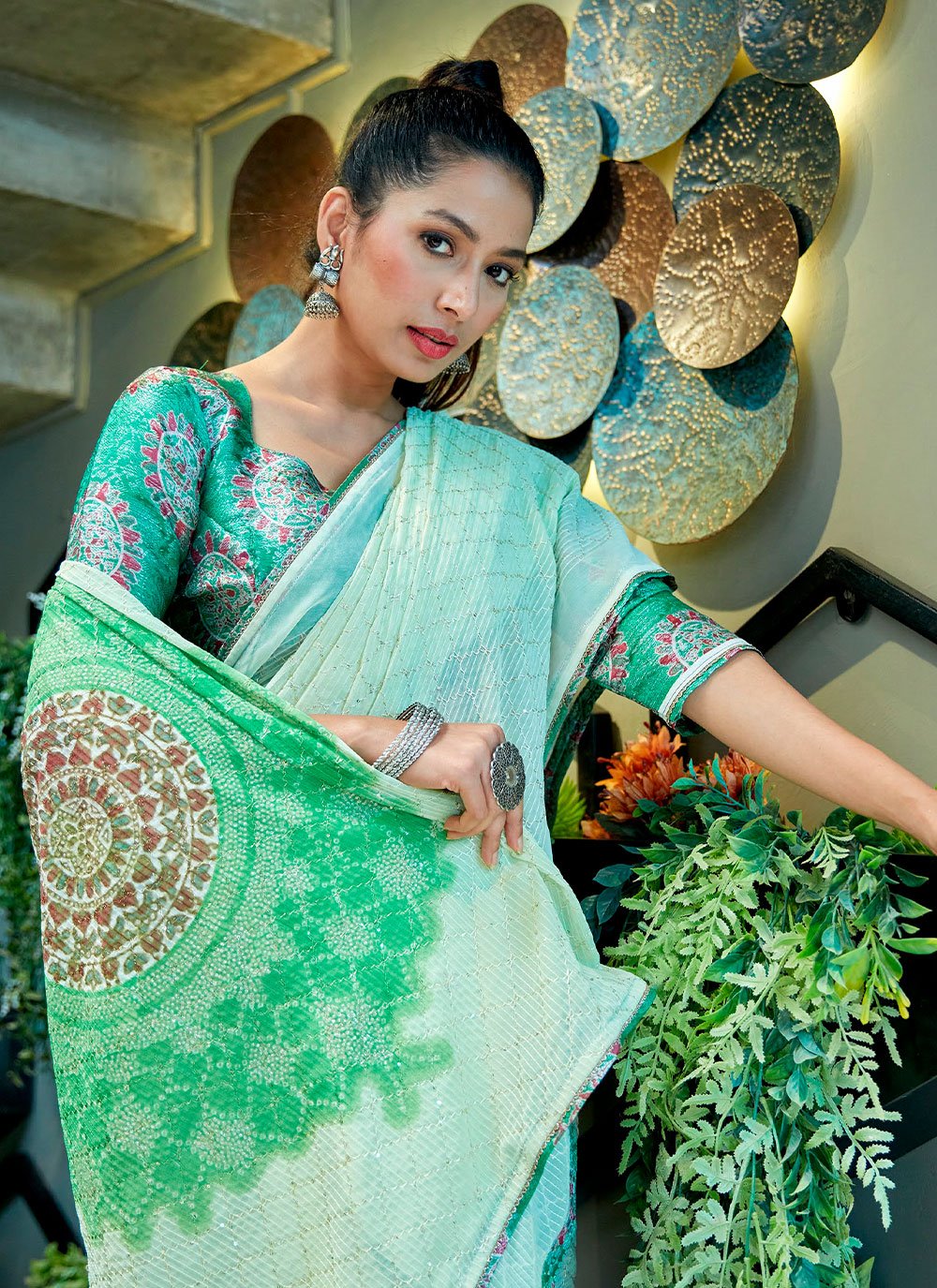 Contemporary Georgette Green Swarovski Saree