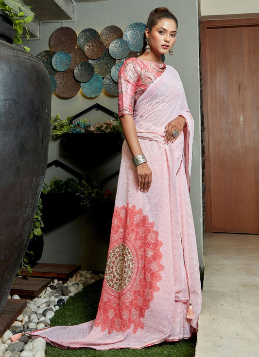 Contemporary Georgette Pink Swarovski Saree