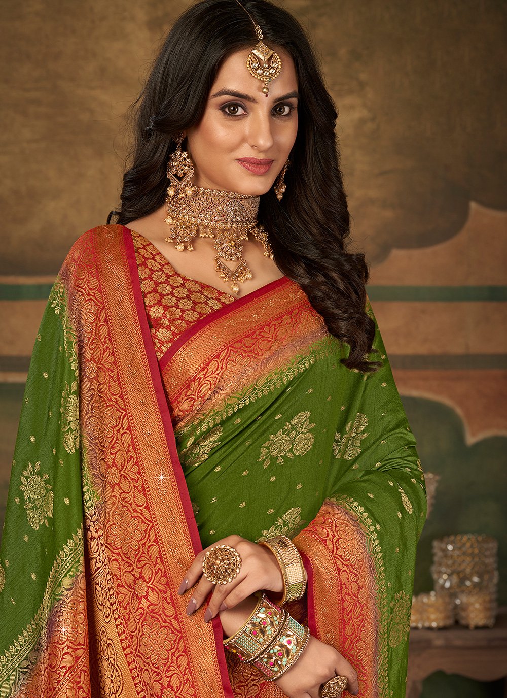 Trendy Saree Pure Dola Silk Green Swarovski Saree