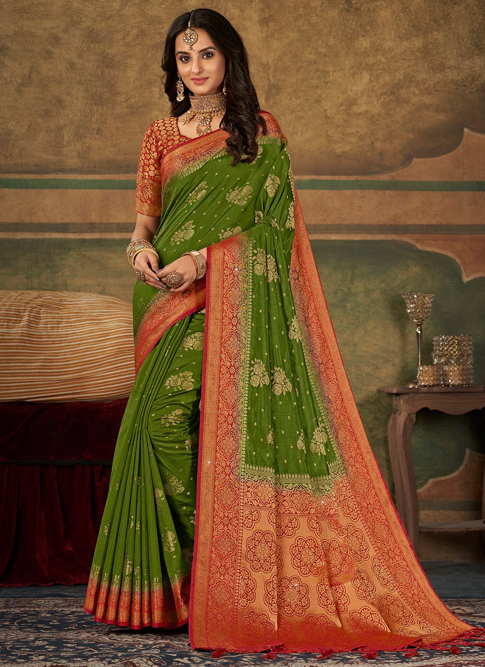 Trendy Saree Pure Dola Silk Green Swarovski Saree