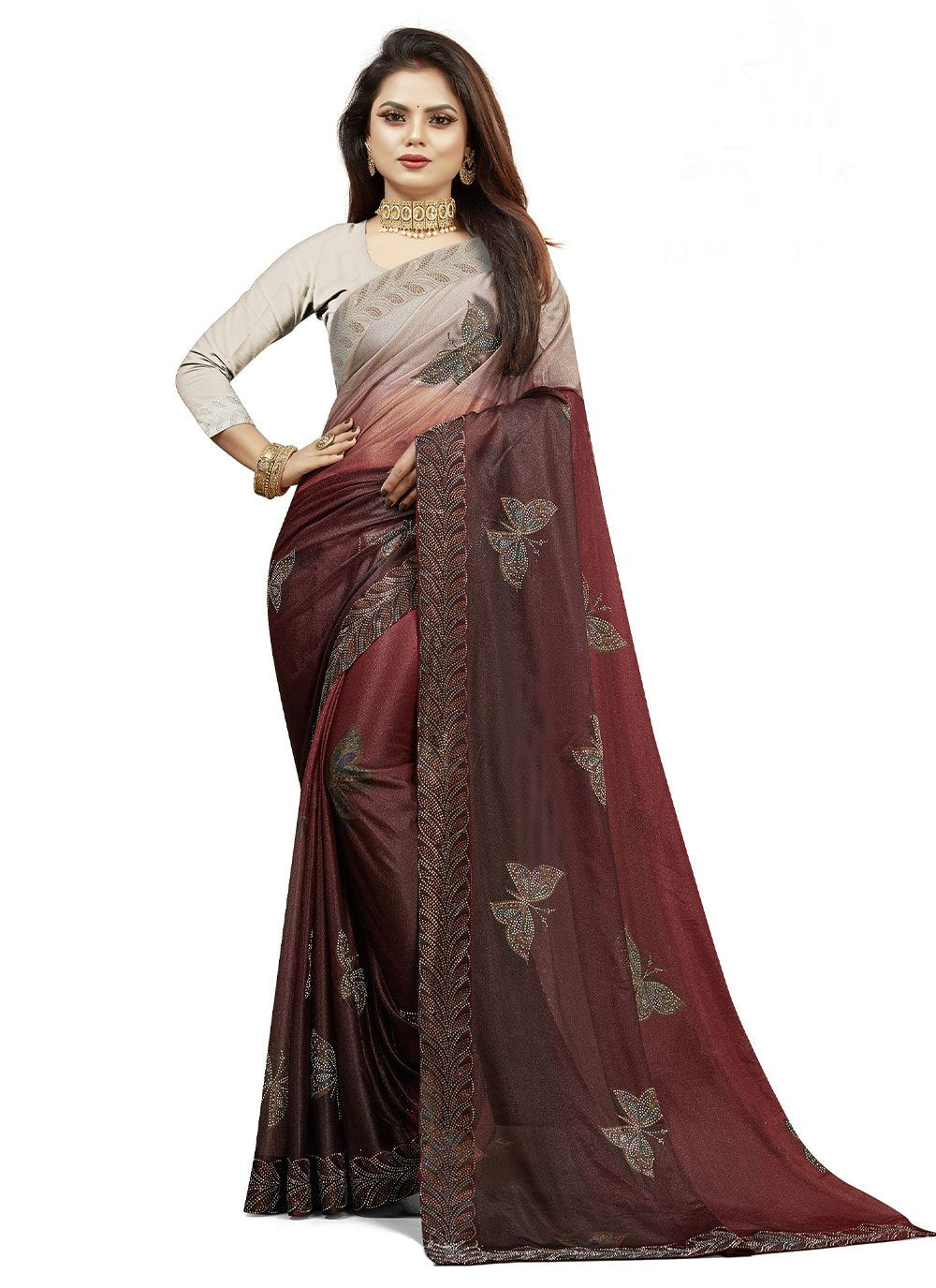 Classic Lycra Grey Maroon Digital Print Saree