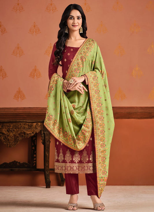 Pant Style Suit Jacquard Silk Maroon Swarovski Salwar Kameez