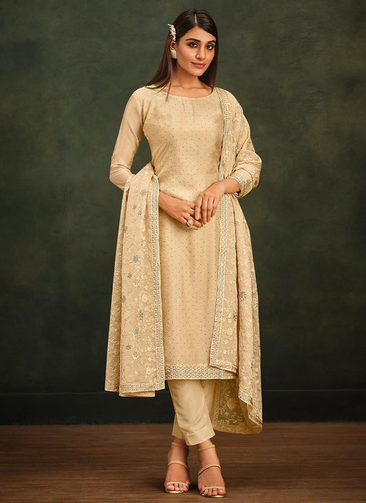 Salwar Suit Organza Beige Embroidered Salwar Kameez