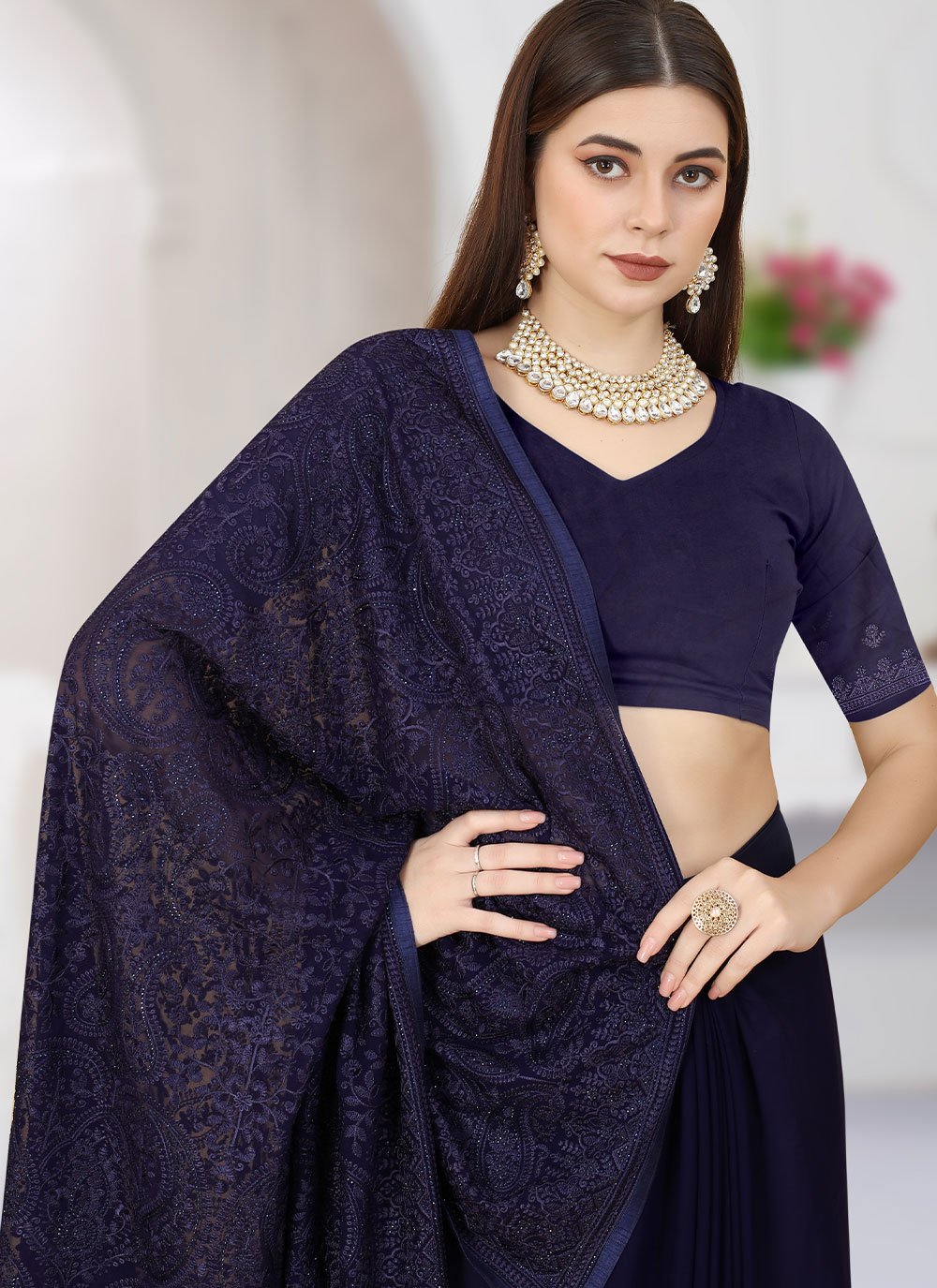 Contemporary Georgette Blue Embroidered Saree