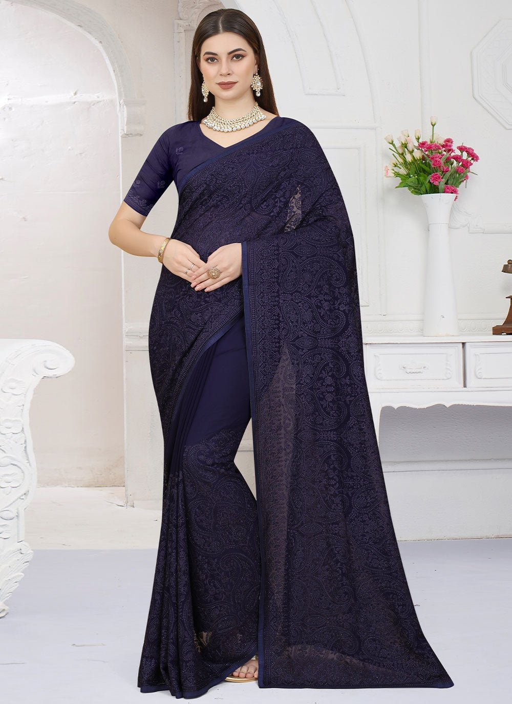 Contemporary Georgette Blue Embroidered Saree