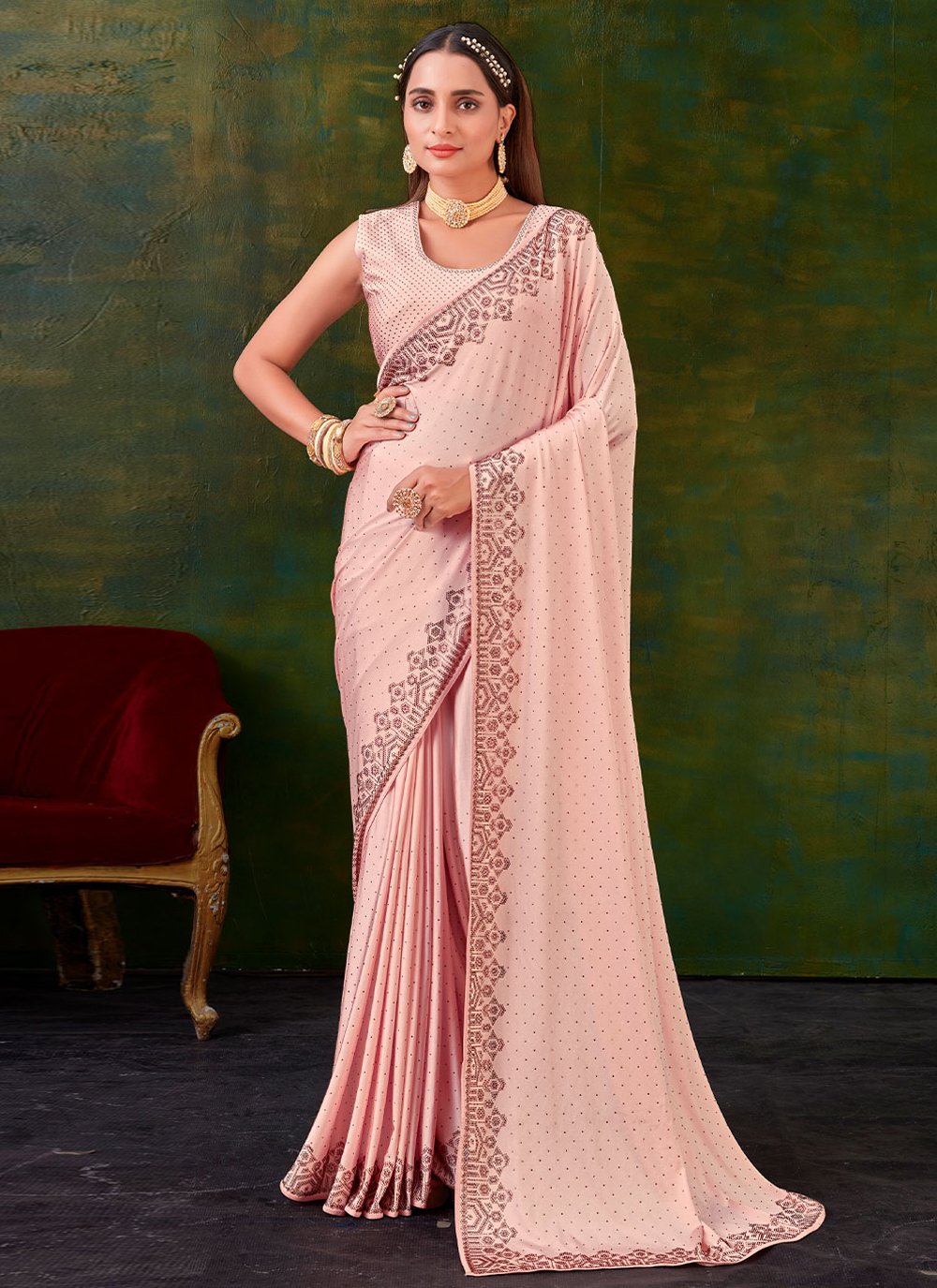 Designer Imported Peach Swarovski Saree