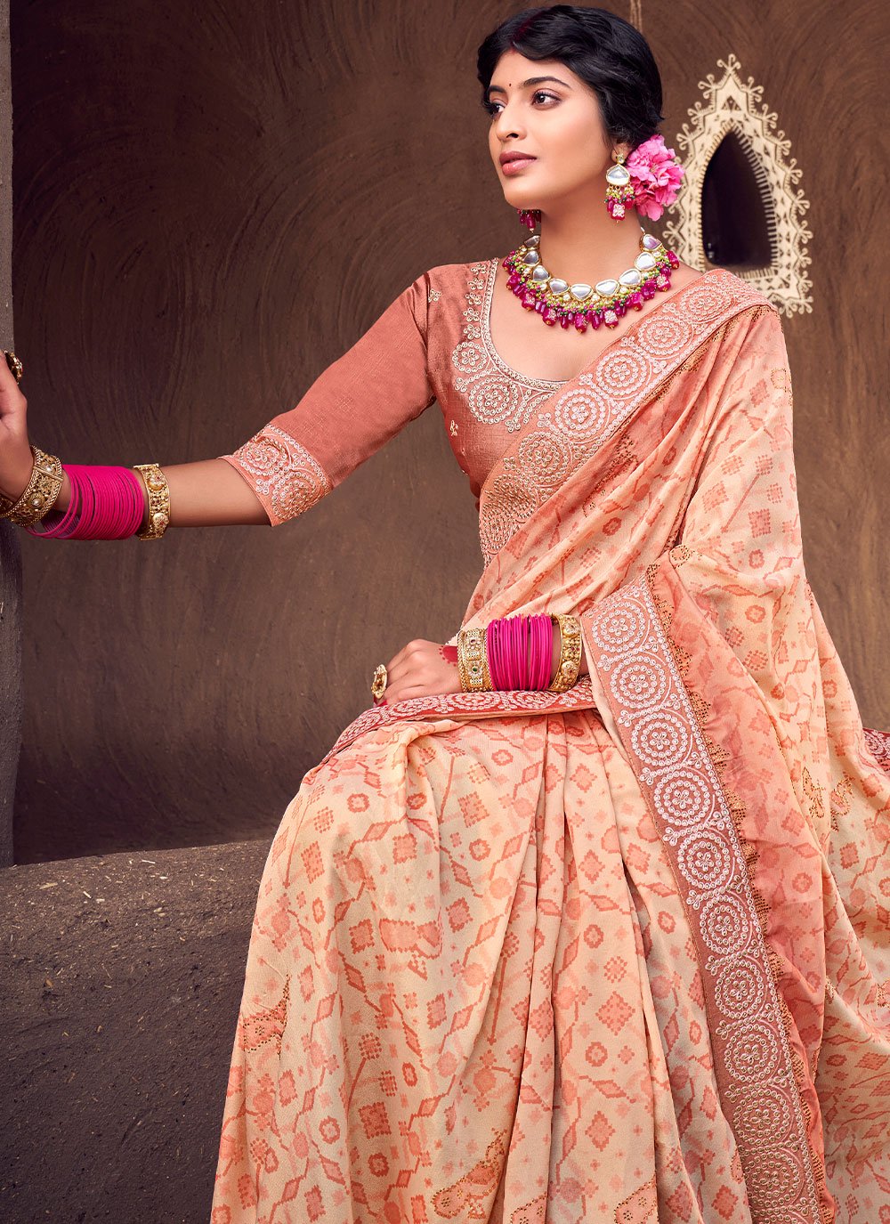 Classic Silk Peach Digital Print Saree