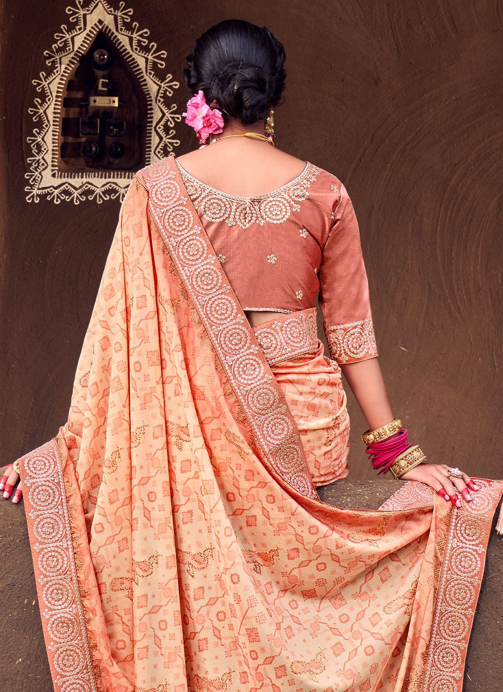 Classic Silk Peach Digital Print Saree