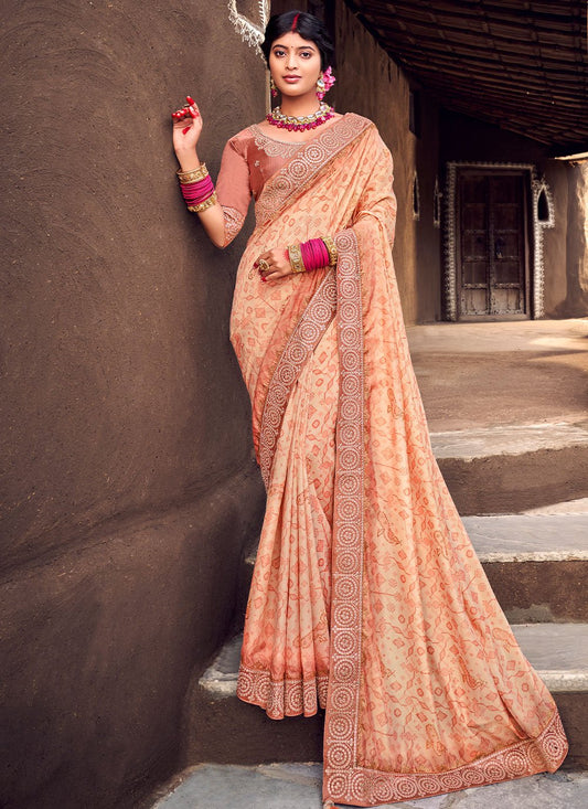 Classic Silk Peach Digital Print Saree