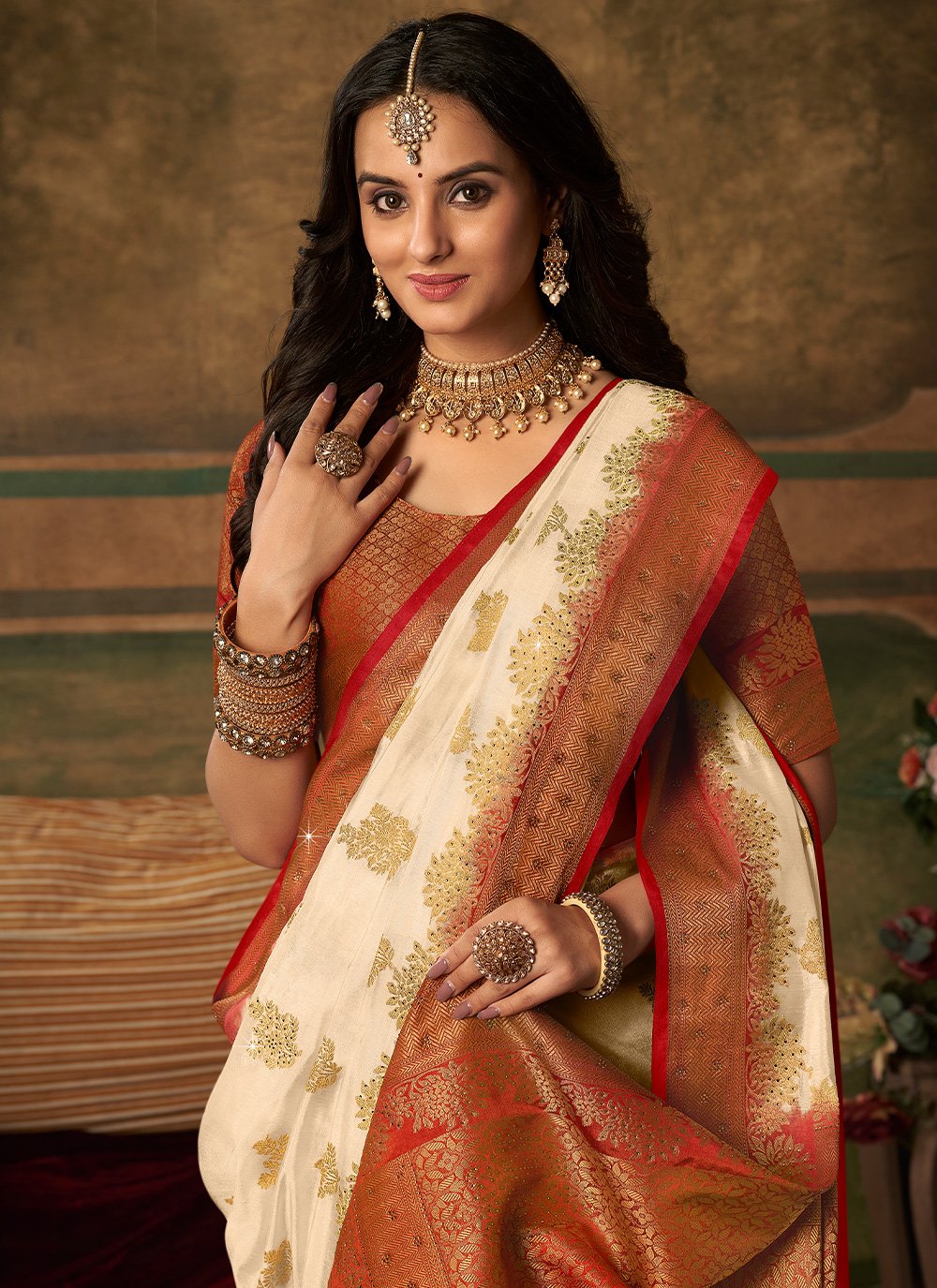 Classic Pure Dola Silk Cream Swarovski Saree