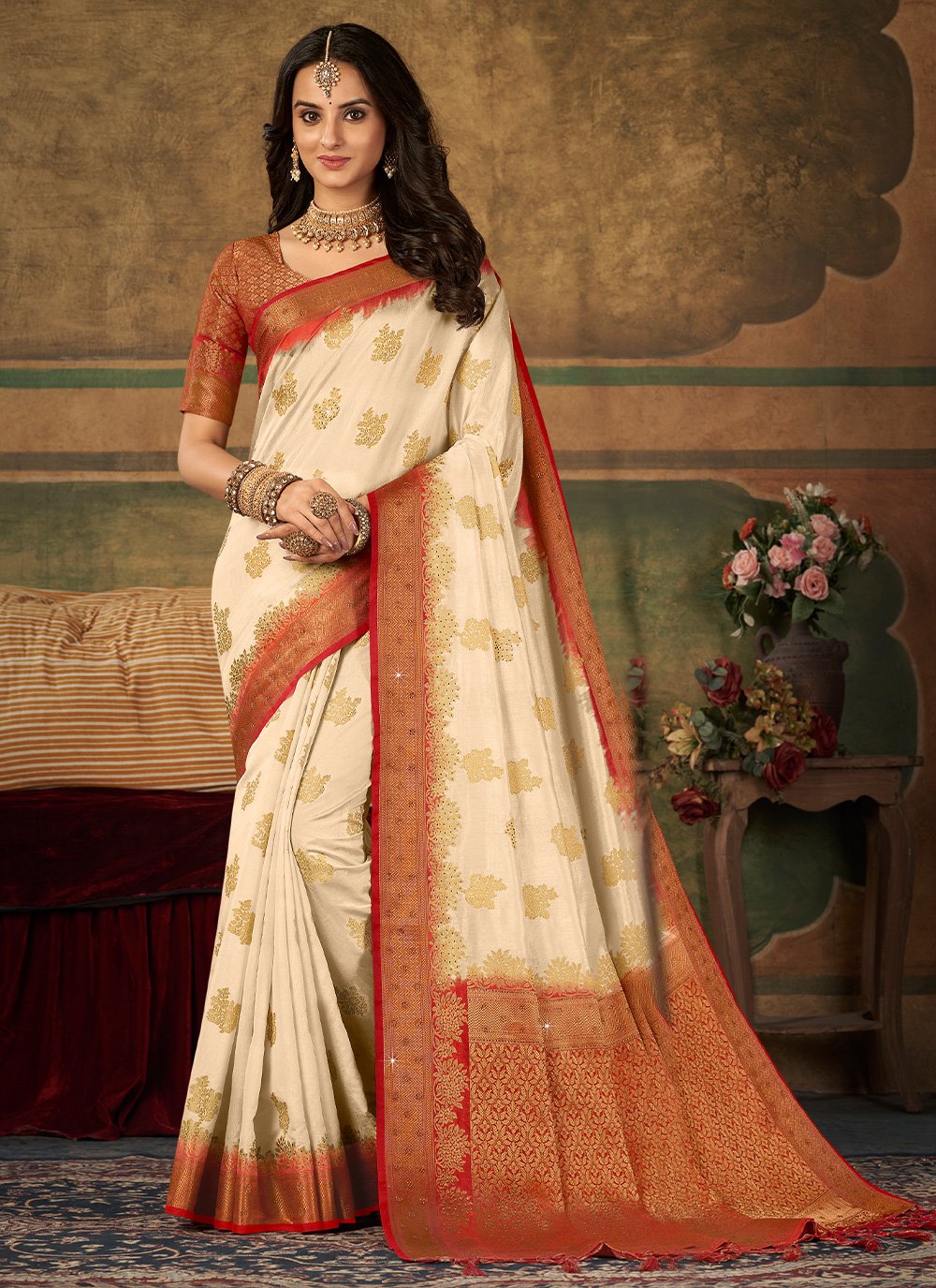 Classic Pure Dola Silk Cream Swarovski Saree