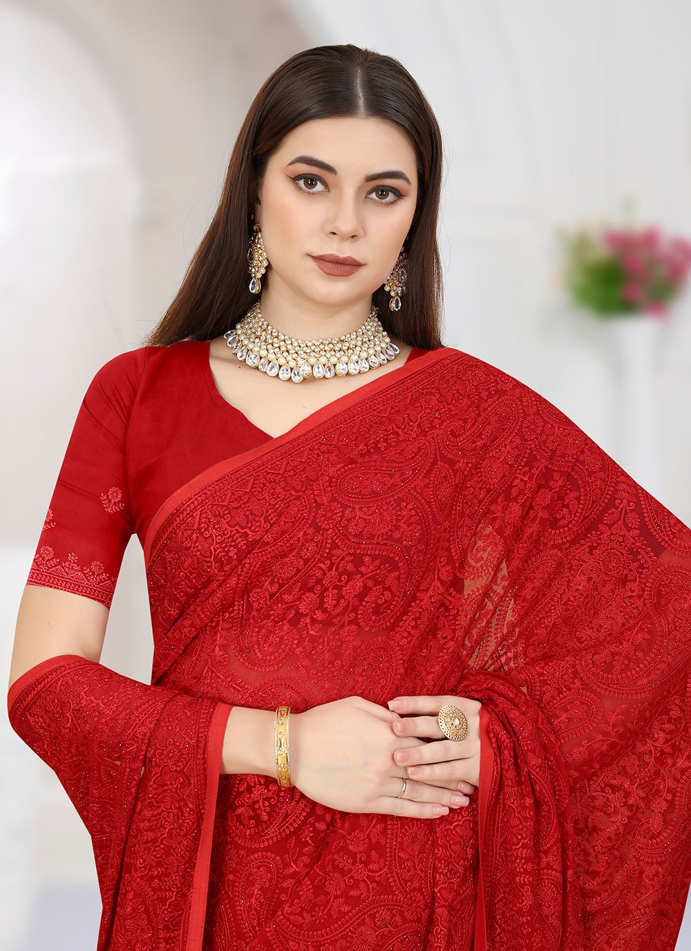 Classic Georgette Red Embroidered Saree