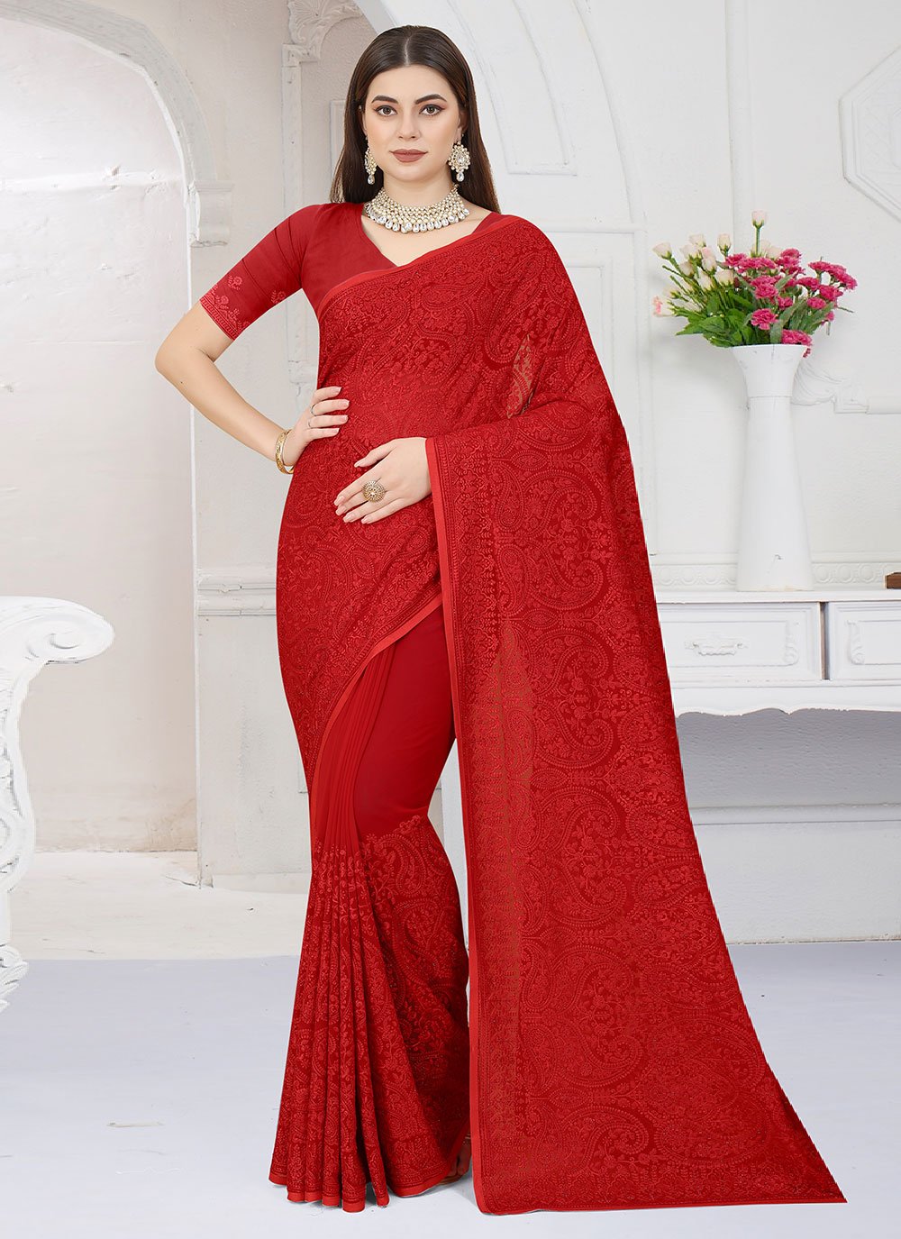 Classic Georgette Red Embroidered Saree