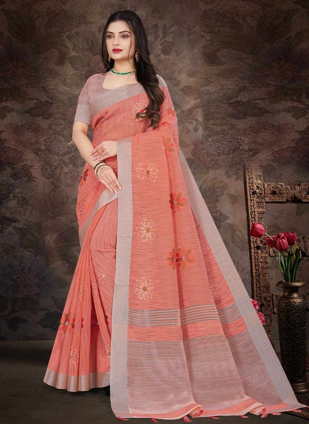 Trendy Saree Linen Peach Embroidered Saree