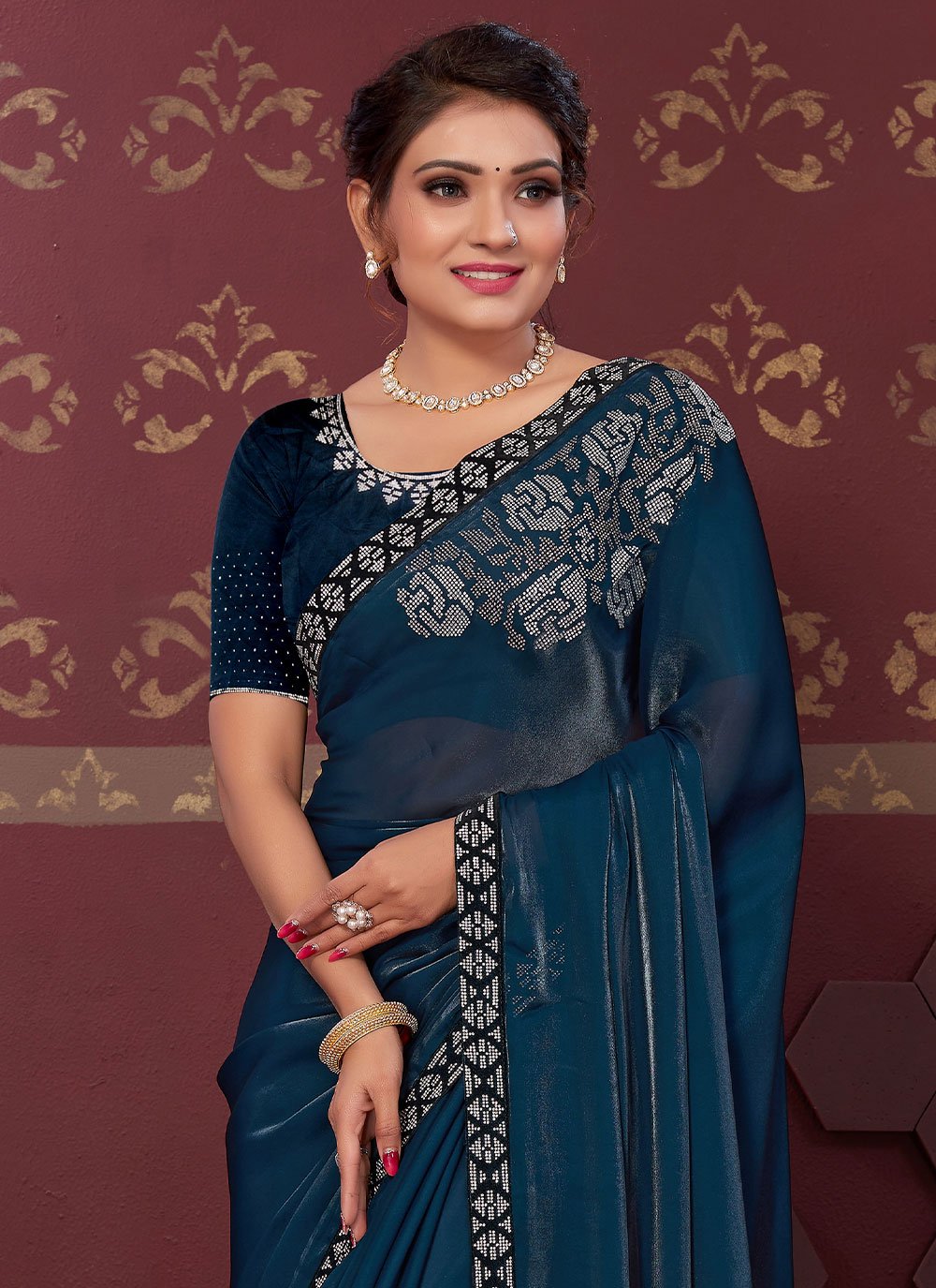 Trendy Saree Satin Teal Swarovski Saree