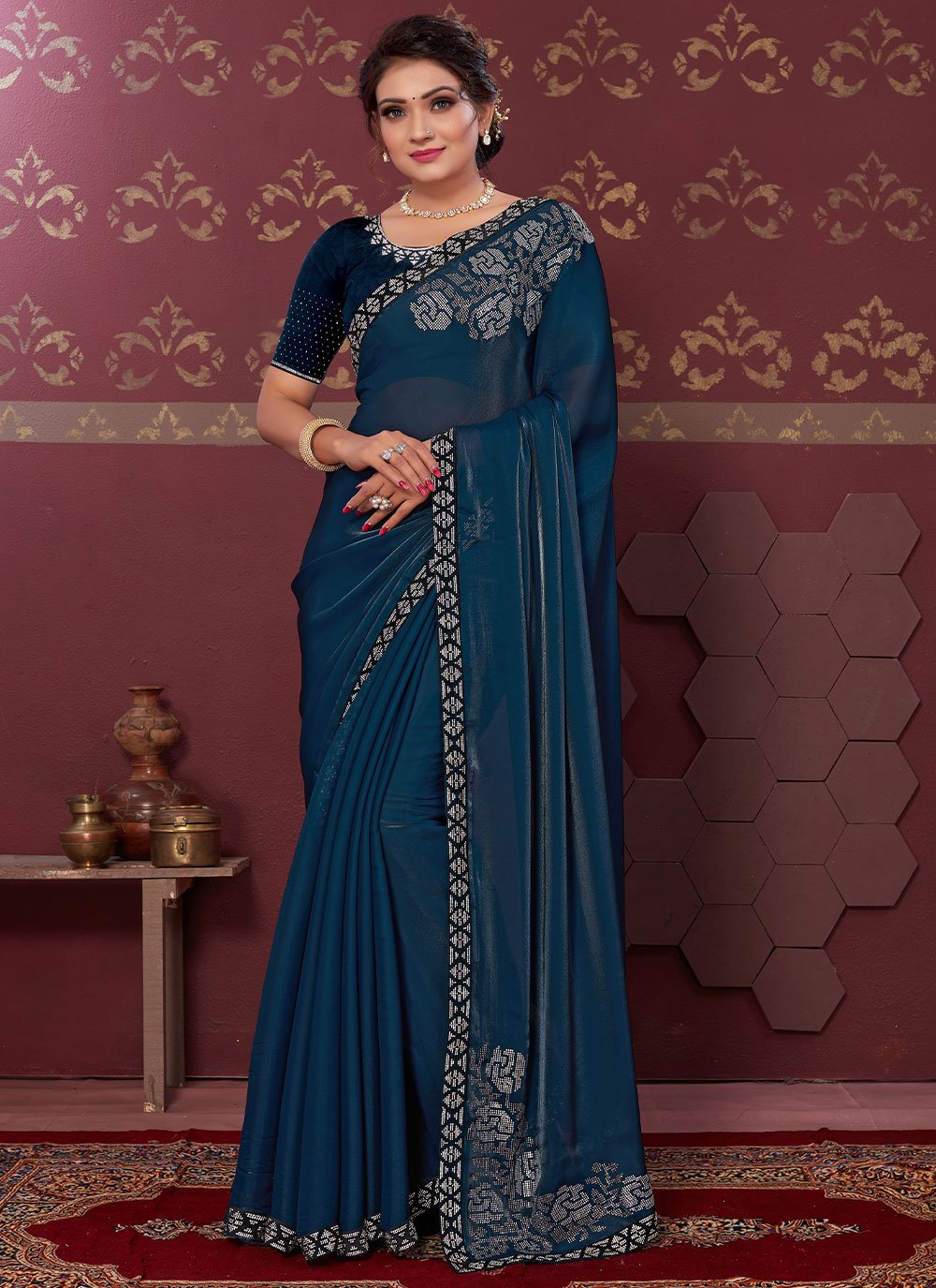 Trendy Saree Satin Teal Swarovski Saree