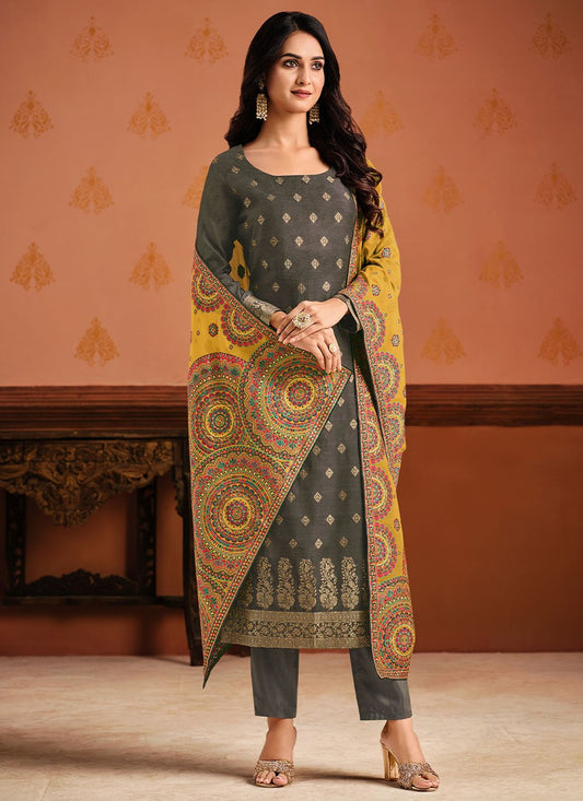 Pant Style Suit Jacquard Silk Grey Swarovski Salwar Kameez