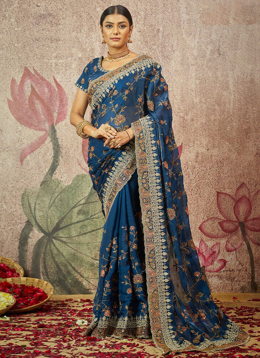 Trendy Saree Organza Silk Blue Embroidered Saree