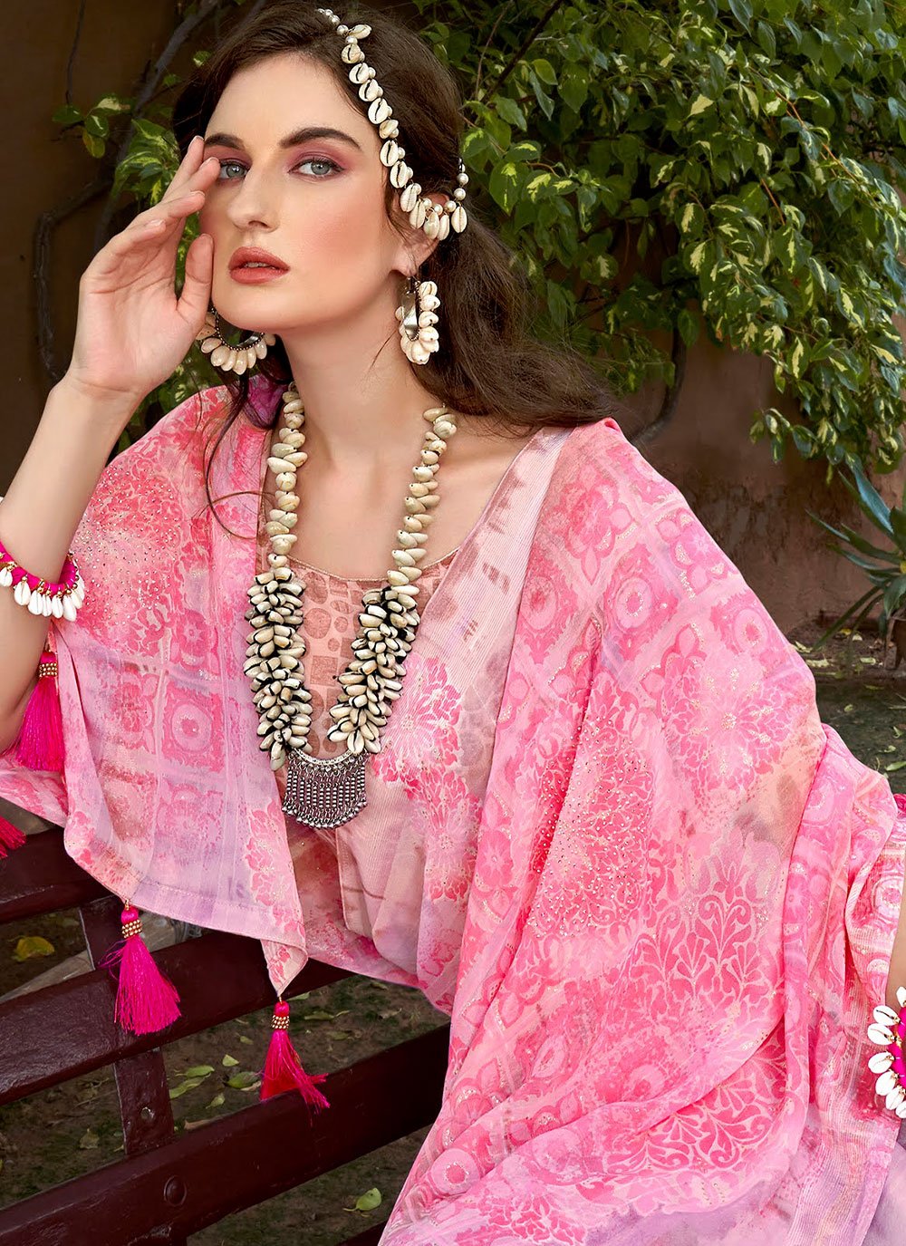 Classic Weight Less Pink Floral Patch Saree