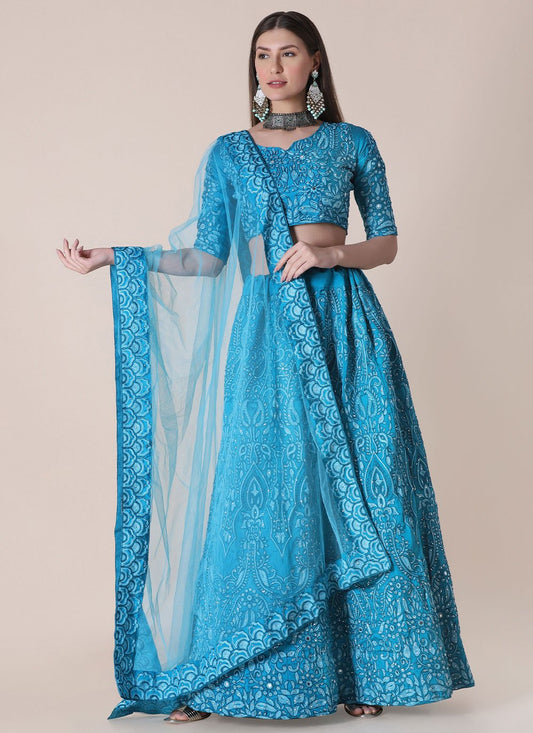 Lehenga Choli Tafeta Silk Aqua Blue Embroidered Lehenga Choli