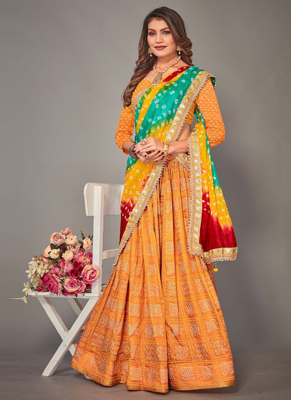 Lehenga Choli Tafeta Silk Orange Bandhej Lehenga Choli