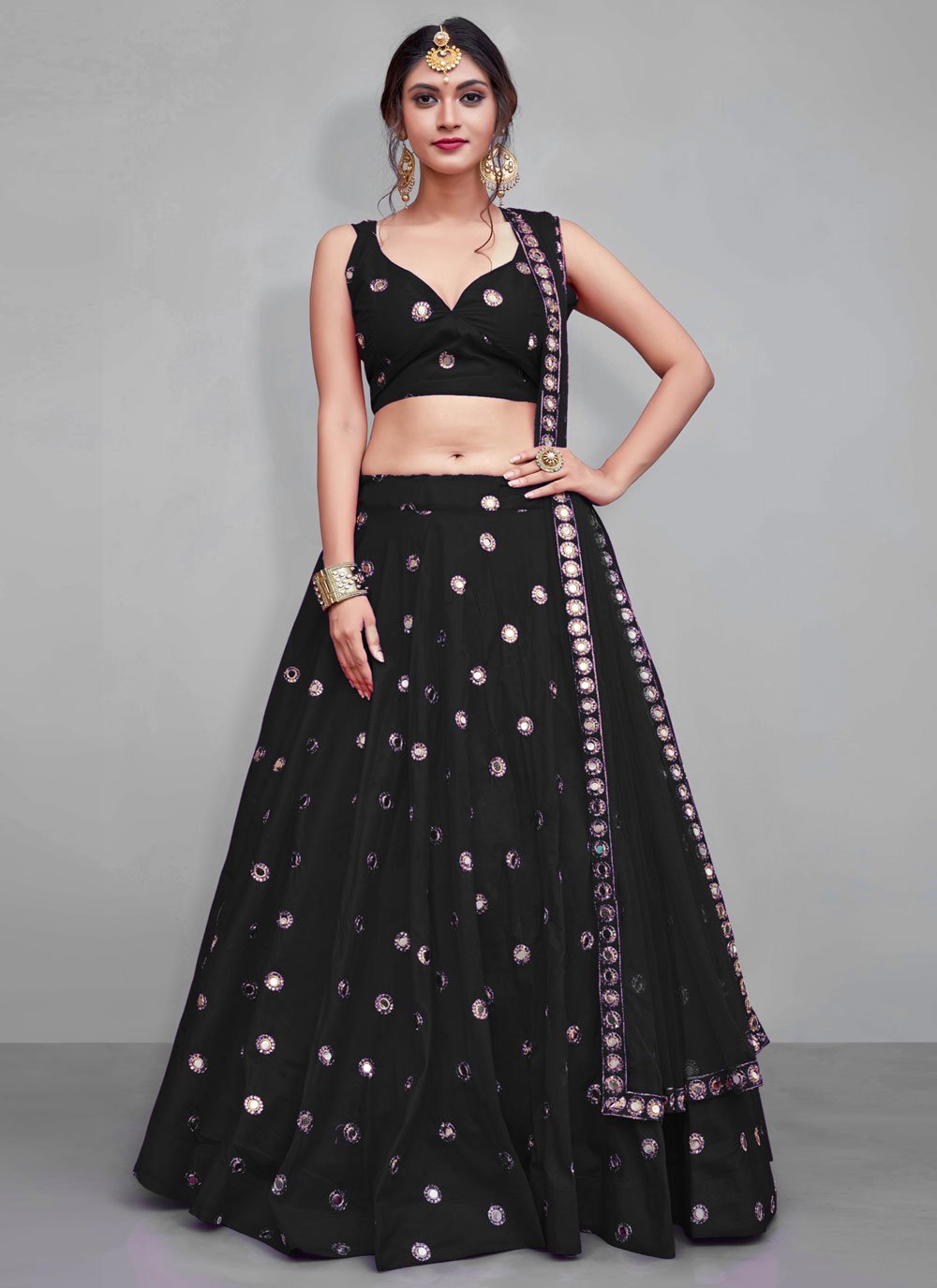 Lehenga Choli Tafeta Silk Black Embroidered Lehenga Choli