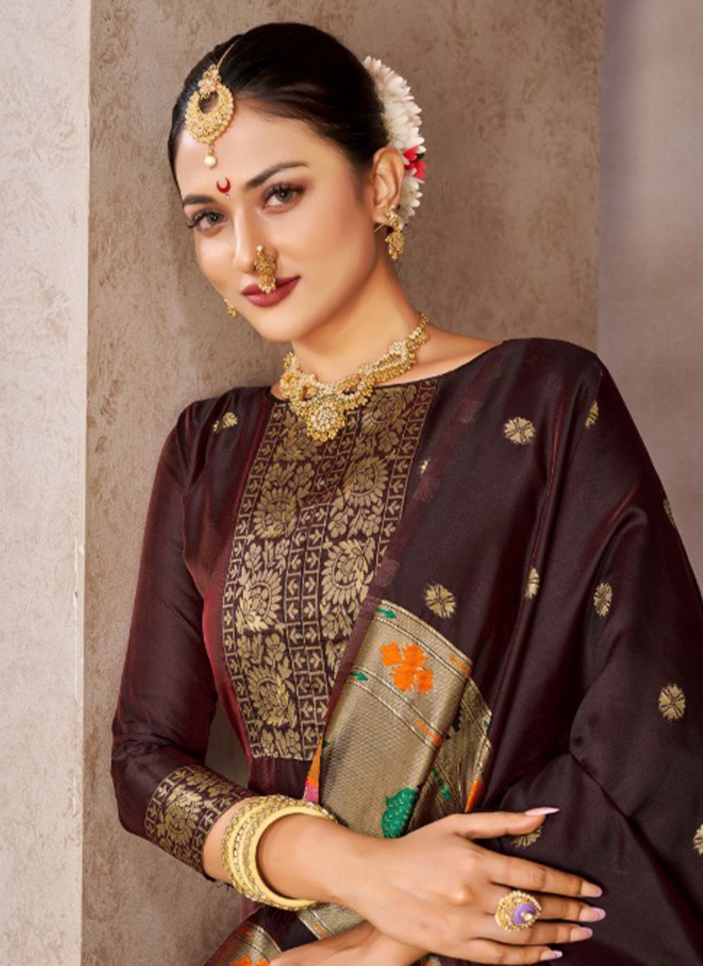 Trendy Suit Tafeta Silk Brown Jacquard Work Salwar Kameez