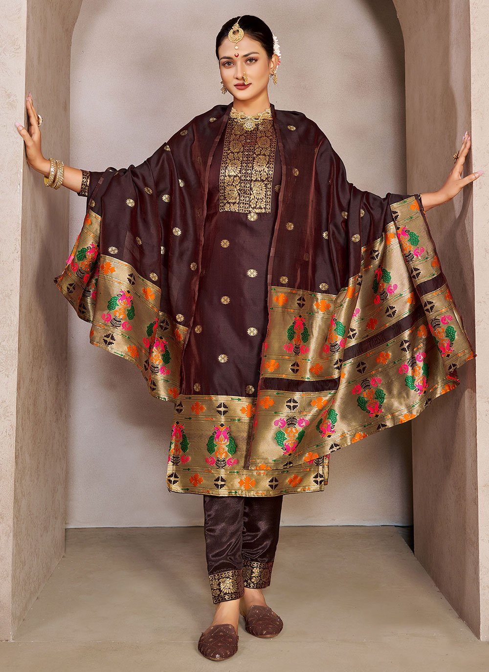 Trendy Suit Tafeta Silk Brown Jacquard Work Salwar Kameez