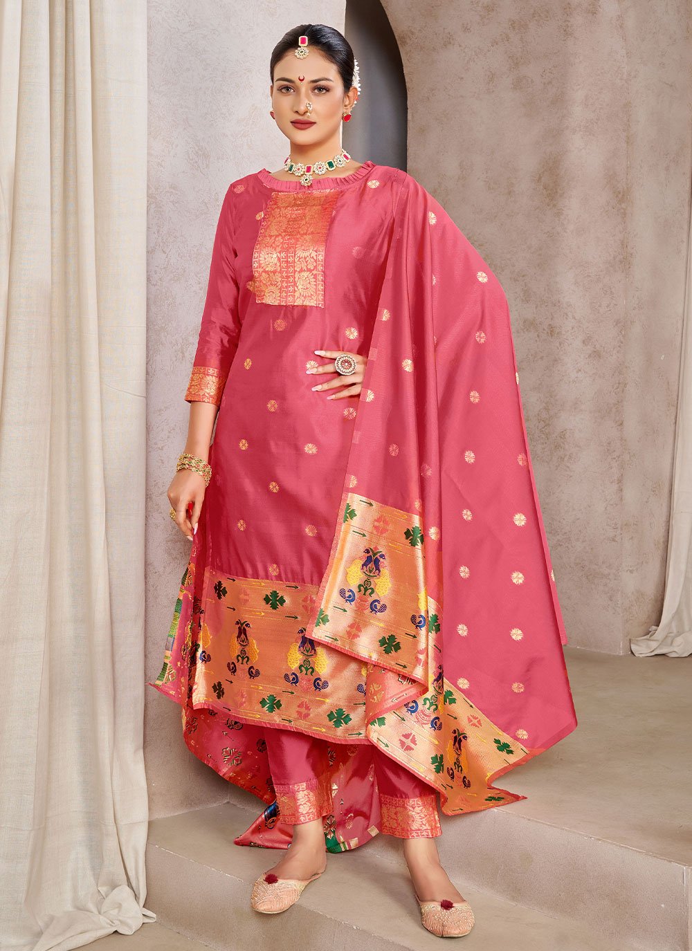 Trendy Suit Tafeta Silk Pink Jacquard Work Salwar Kameez