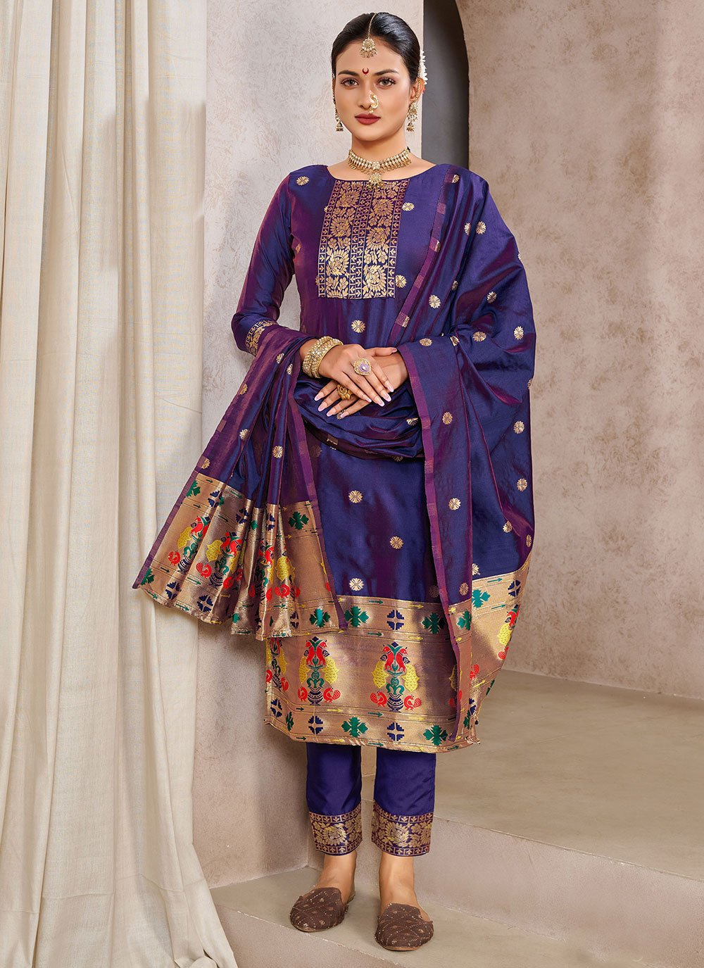 Salwar Suit Tafeta Silk Blue Jacquard Work Salwar Kameez