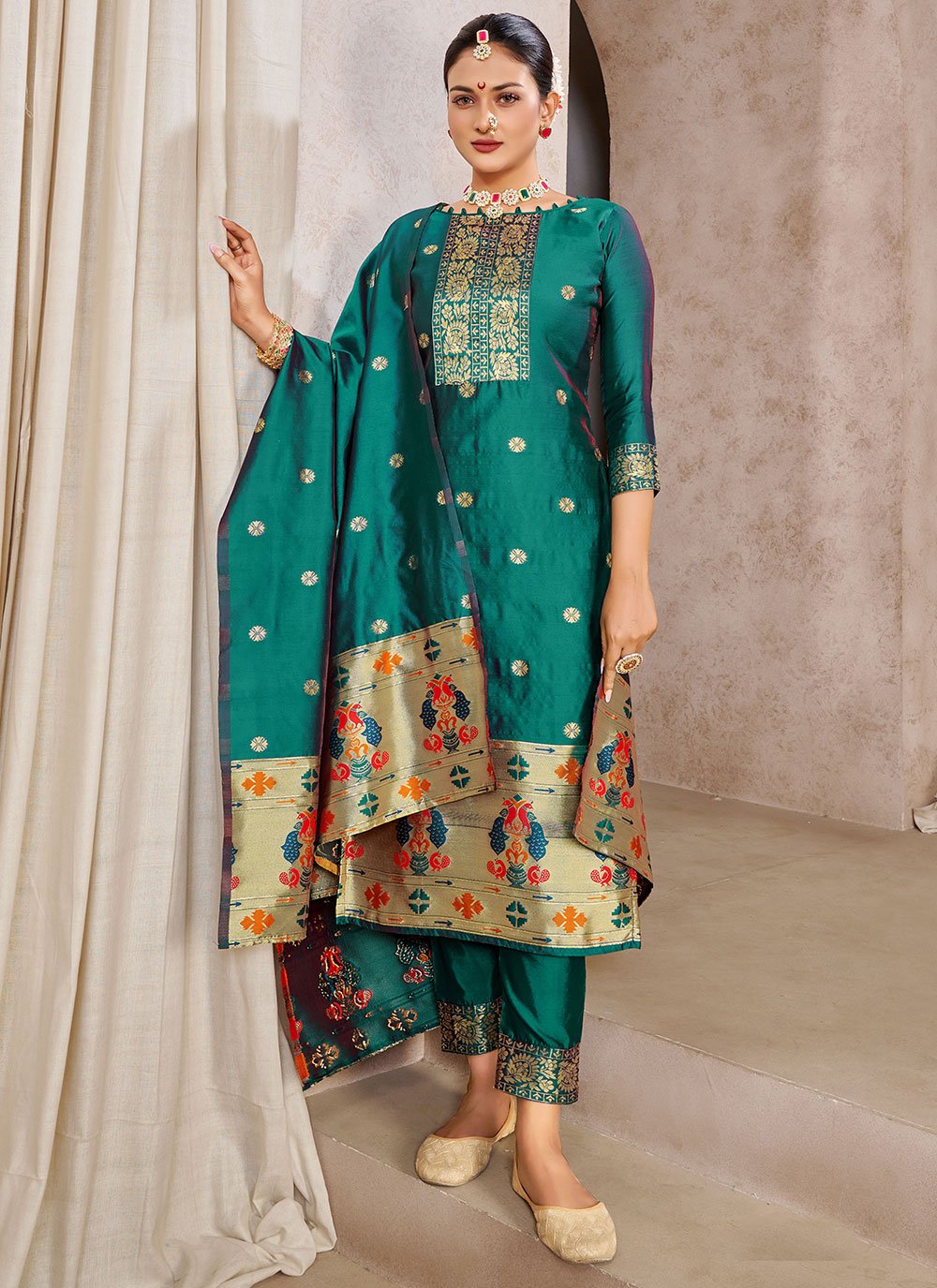 Salwar Suit Tafeta Silk Grey Jacquard Work Salwar Kameez