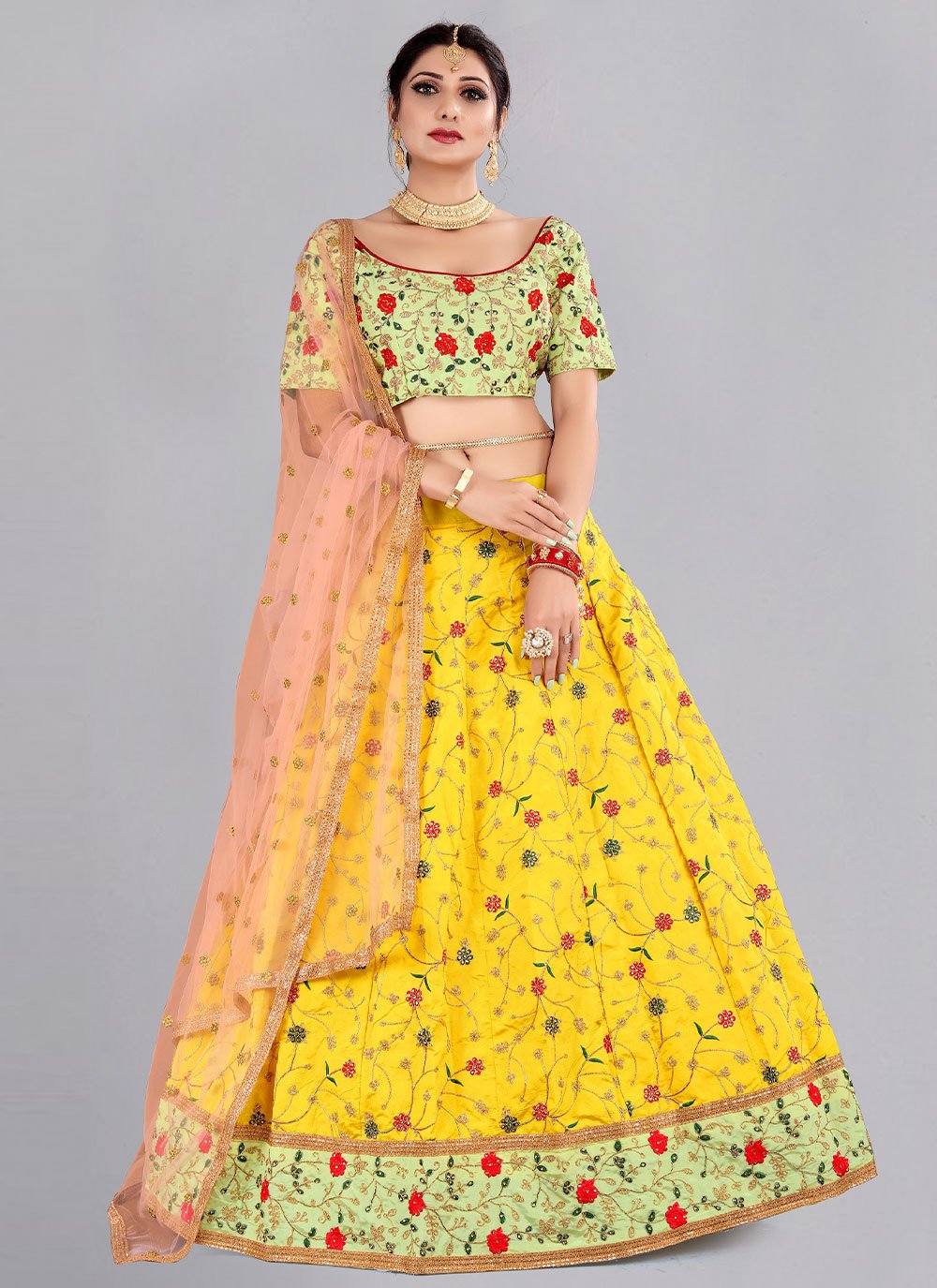 Lehenga Choli Tafeta Silk Yellow Embroidered Lehenga Choli