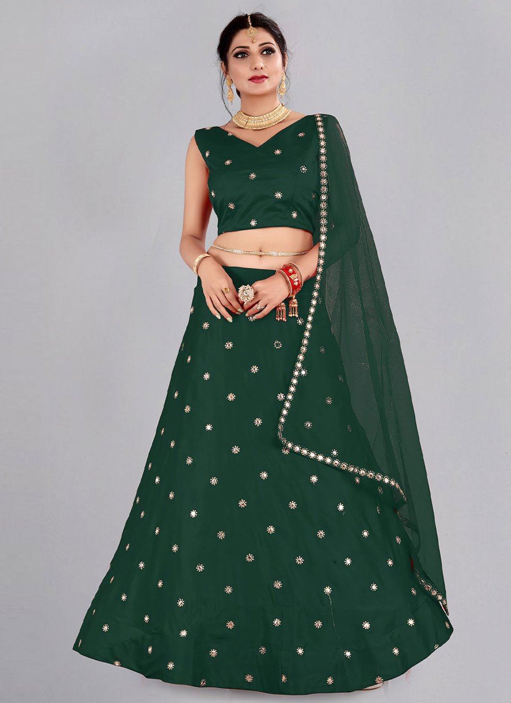 A Line Lehenga Tafeta Silk Green Mirror Lehenga Choli