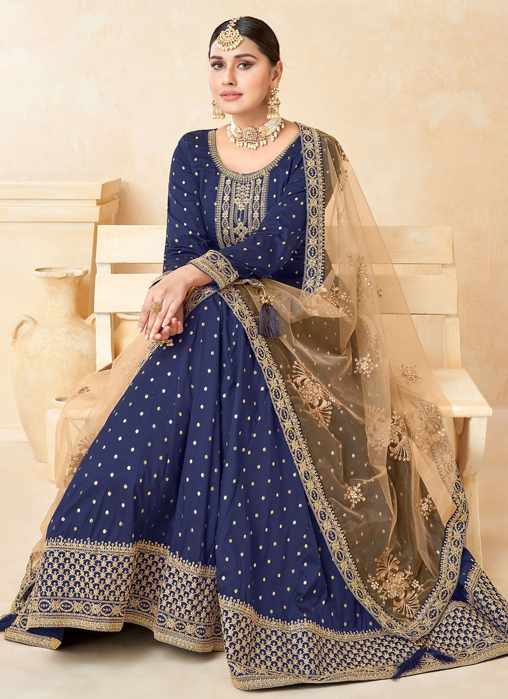 Salwar Suit Tafeta Silk Blue Embroidered Salwar Kameez