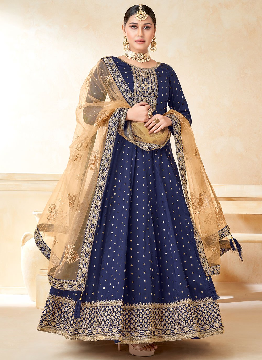 Salwar Suit Tafeta Silk Blue Embroidered Salwar Kameez