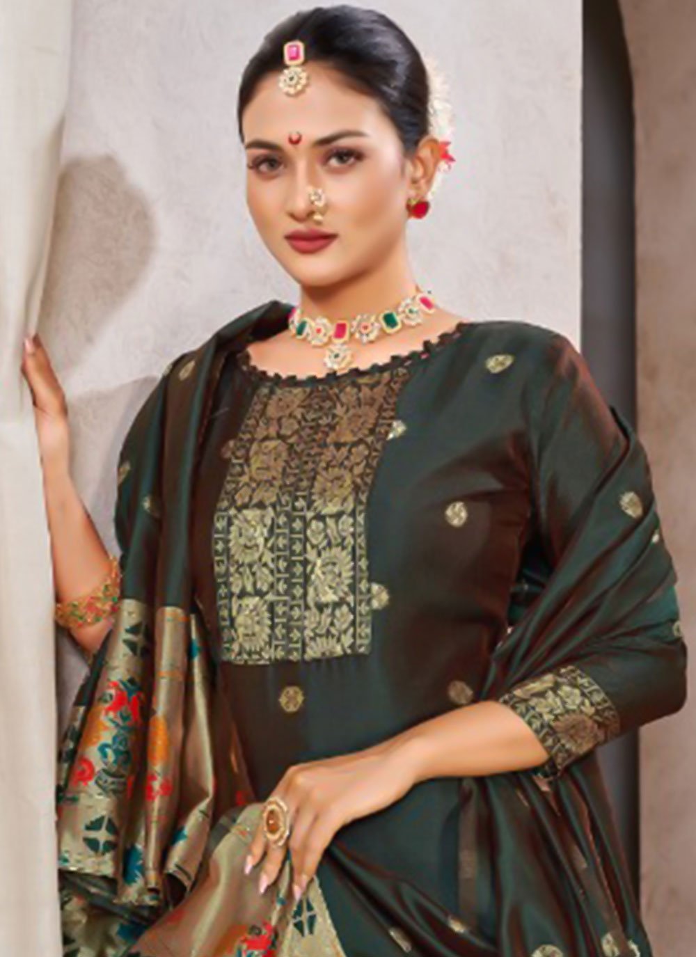 Pant Style Suit Tafeta Silk Sea Green Jacquard Work Salwar Kameez