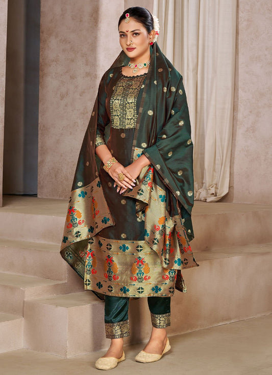 Pant Style Suit Tafeta Silk Sea Green Jacquard Work Salwar Kameez