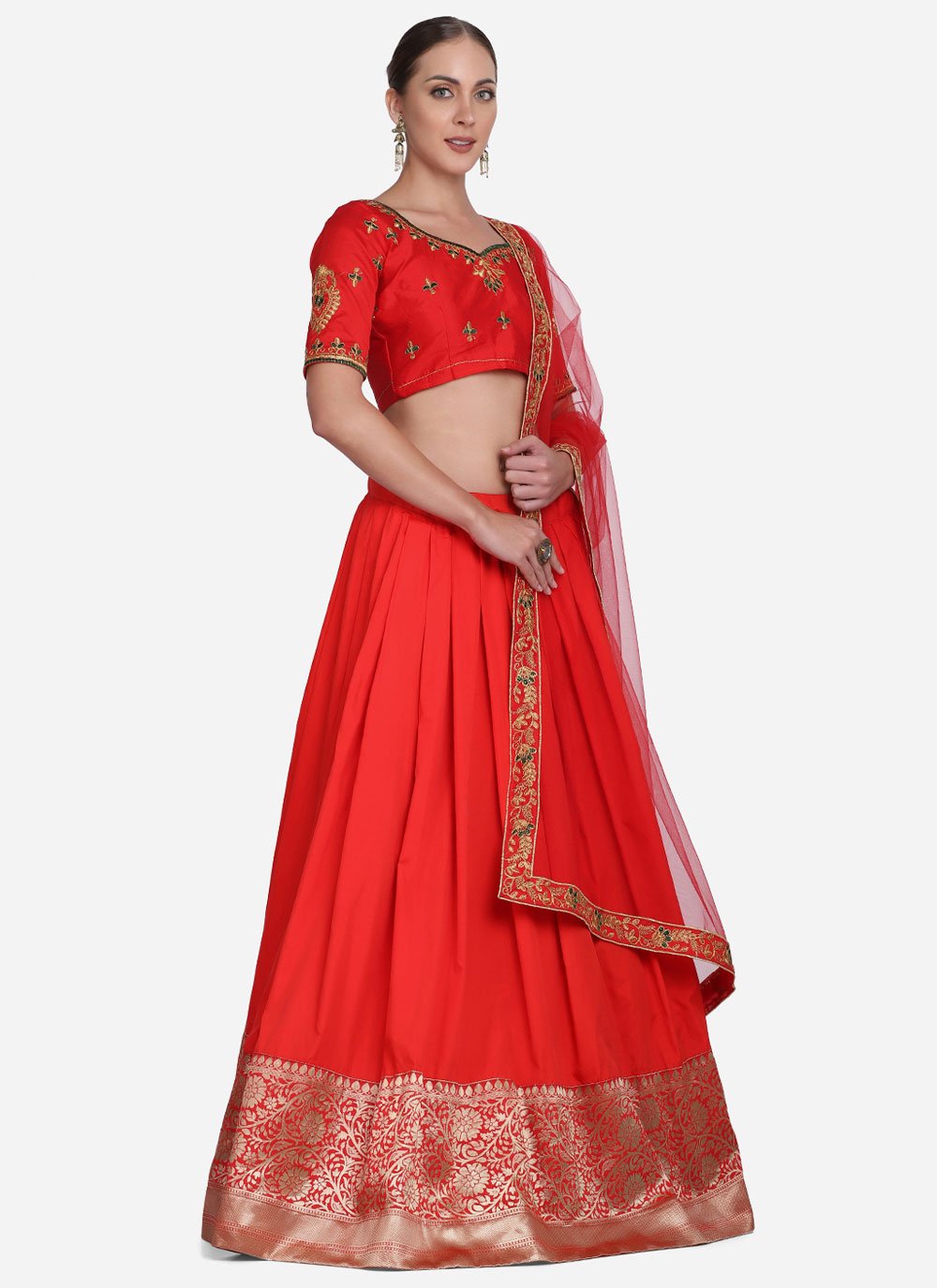 Lehenga Choli Tafeta Silk Red Plain Lehenga Choli