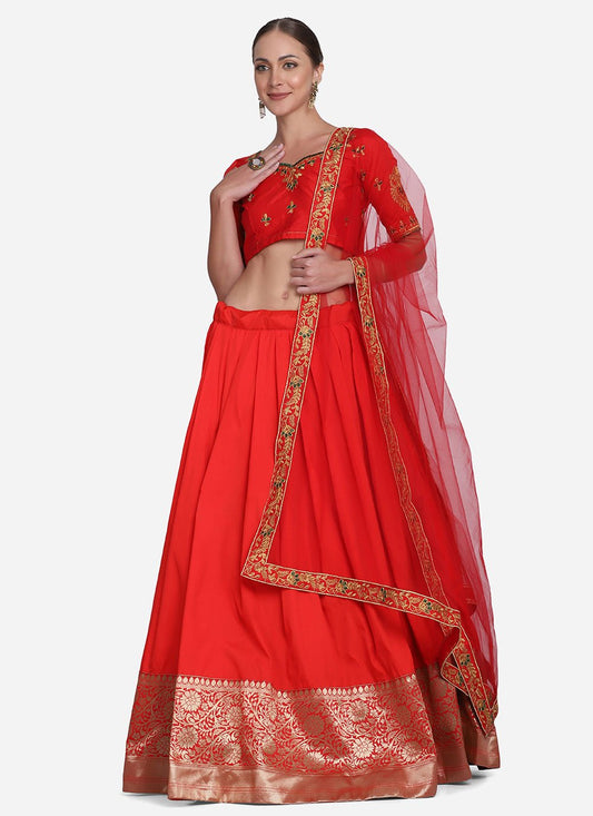 Lehenga Choli Tafeta Silk Red Plain Lehenga Choli