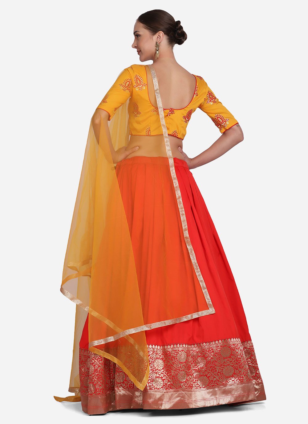 Lehenga Choli Tafeta Silk Orange Plain Lehenga Choli