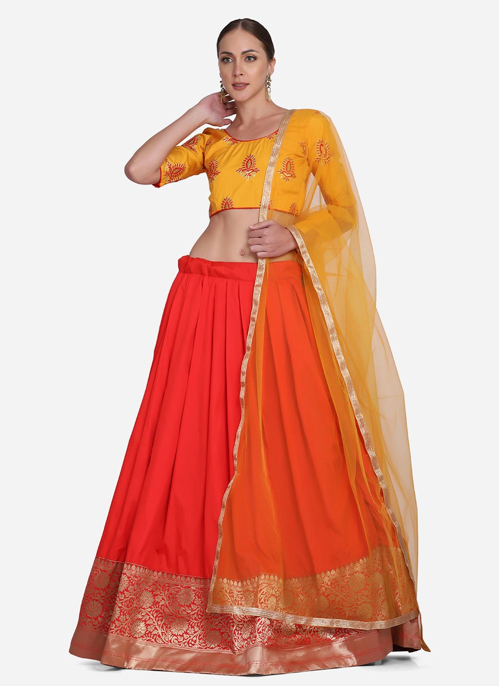 Lehenga Choli Tafeta Silk Orange Plain Lehenga Choli