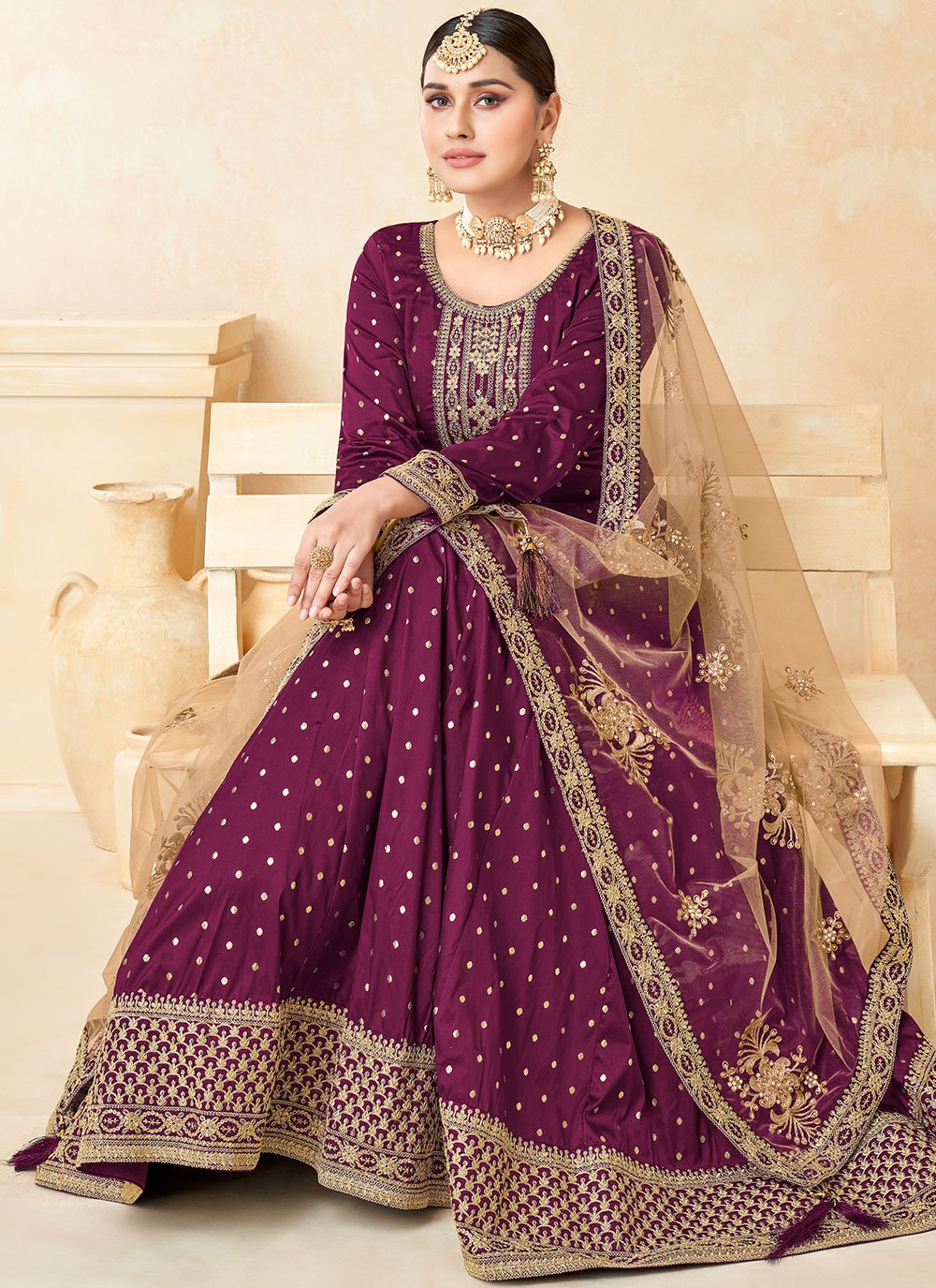 Salwar Suit Tafeta Silk Purple Embroidered Salwar Kameez