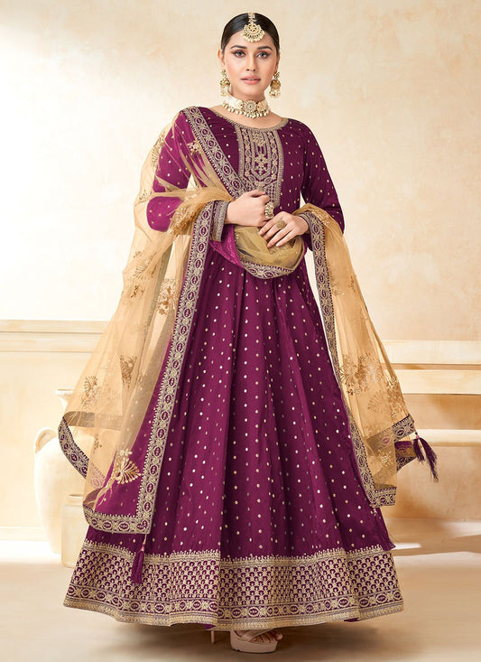 Salwar Suit Tafeta Silk Purple Embroidered Salwar Kameez