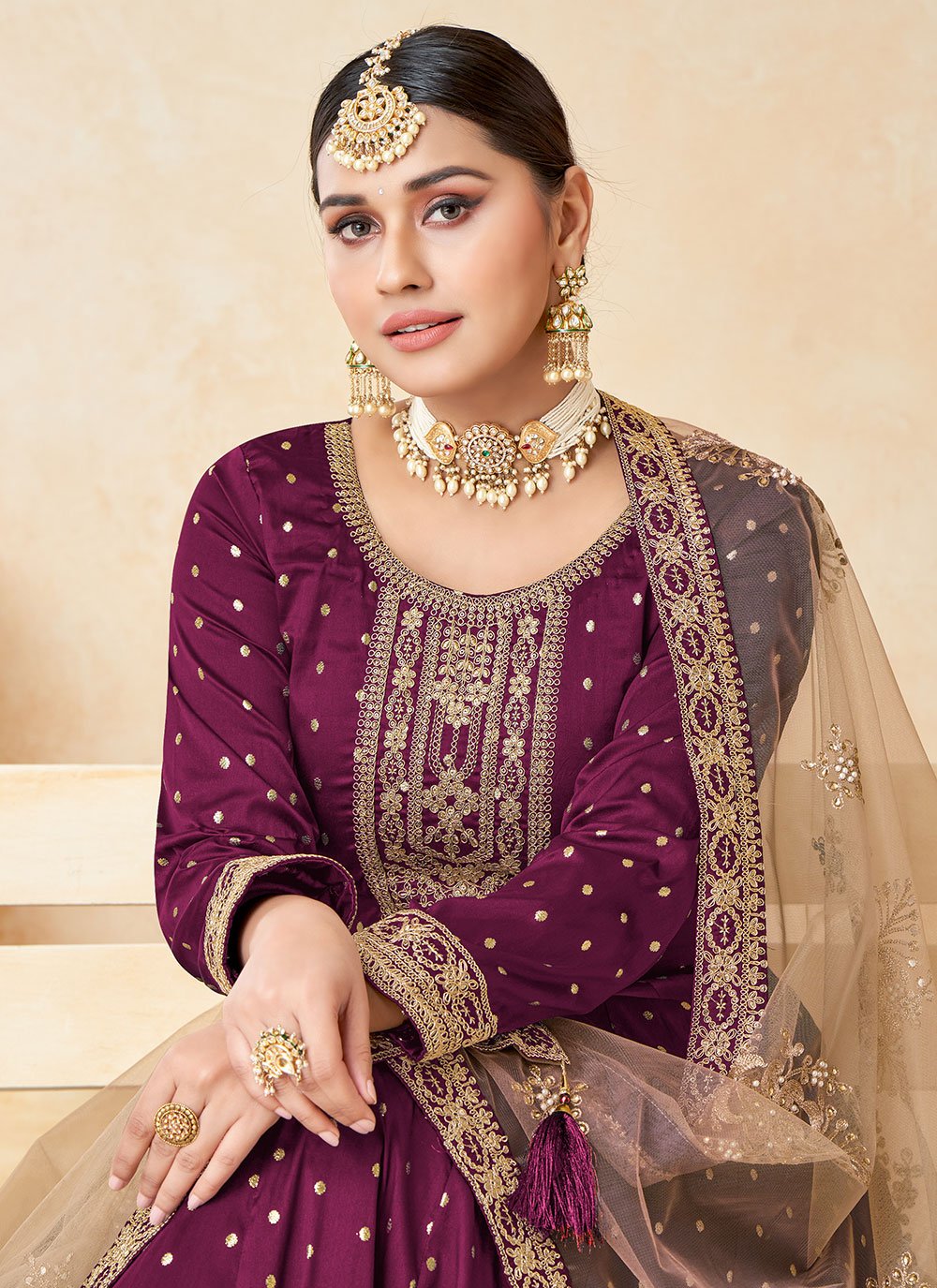 Salwar Suit Tafeta Silk Purple Embroidered Salwar Kameez