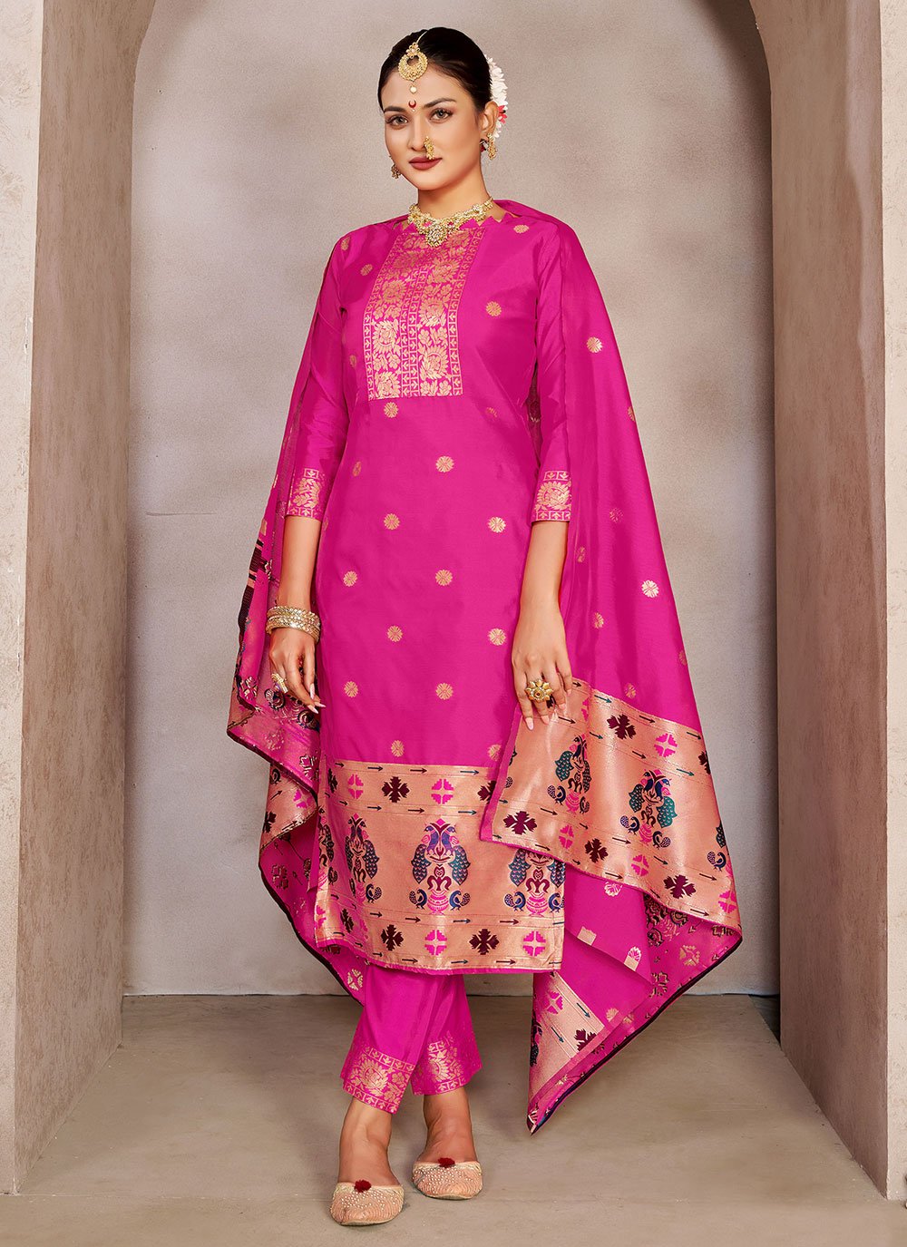 Salwar Suit Tafeta Silk Rani Jacquard Work Salwar Kameez