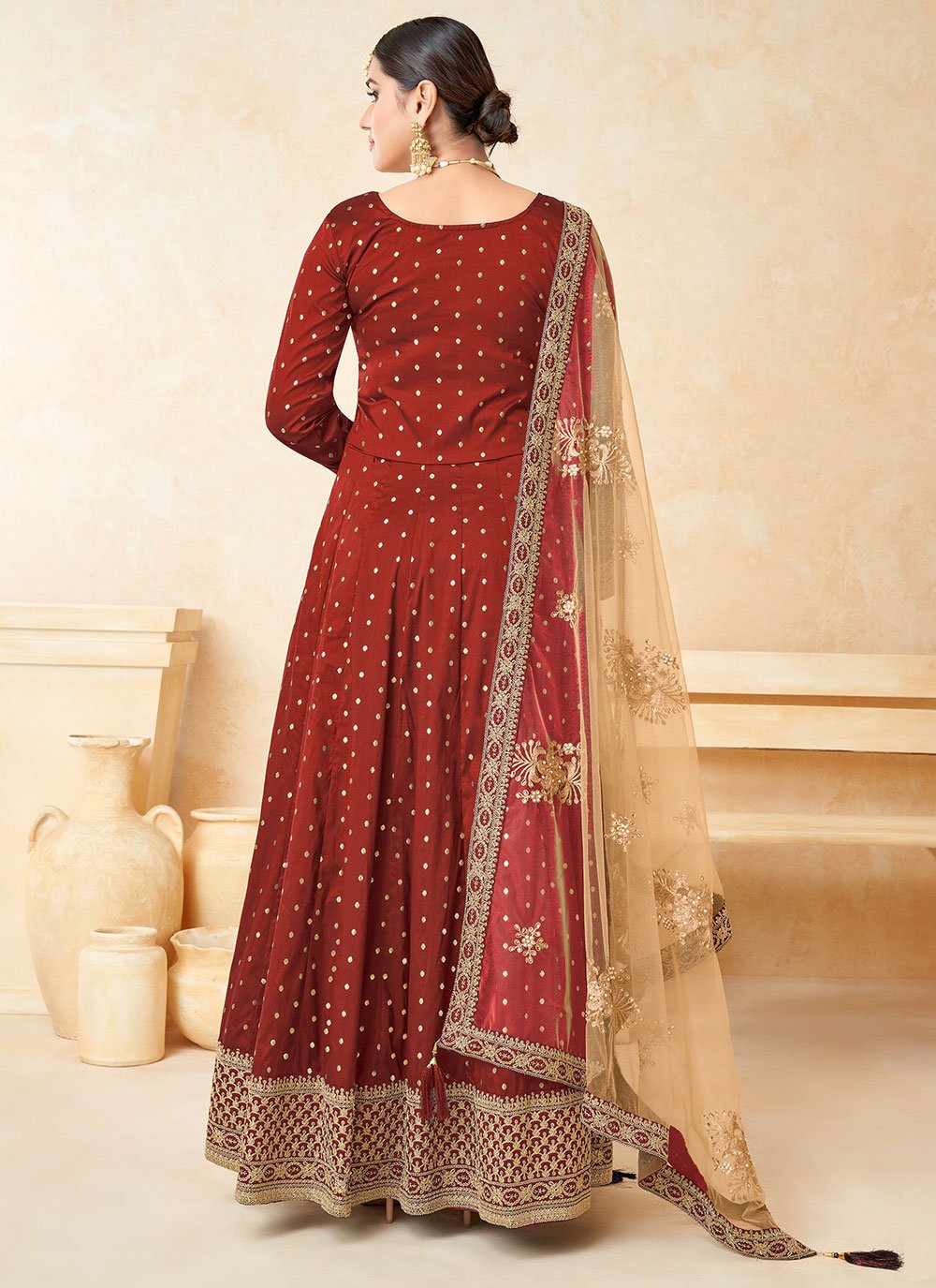 Anarkali Suit Tafeta Silk Red Embroidered Salwar Kameez